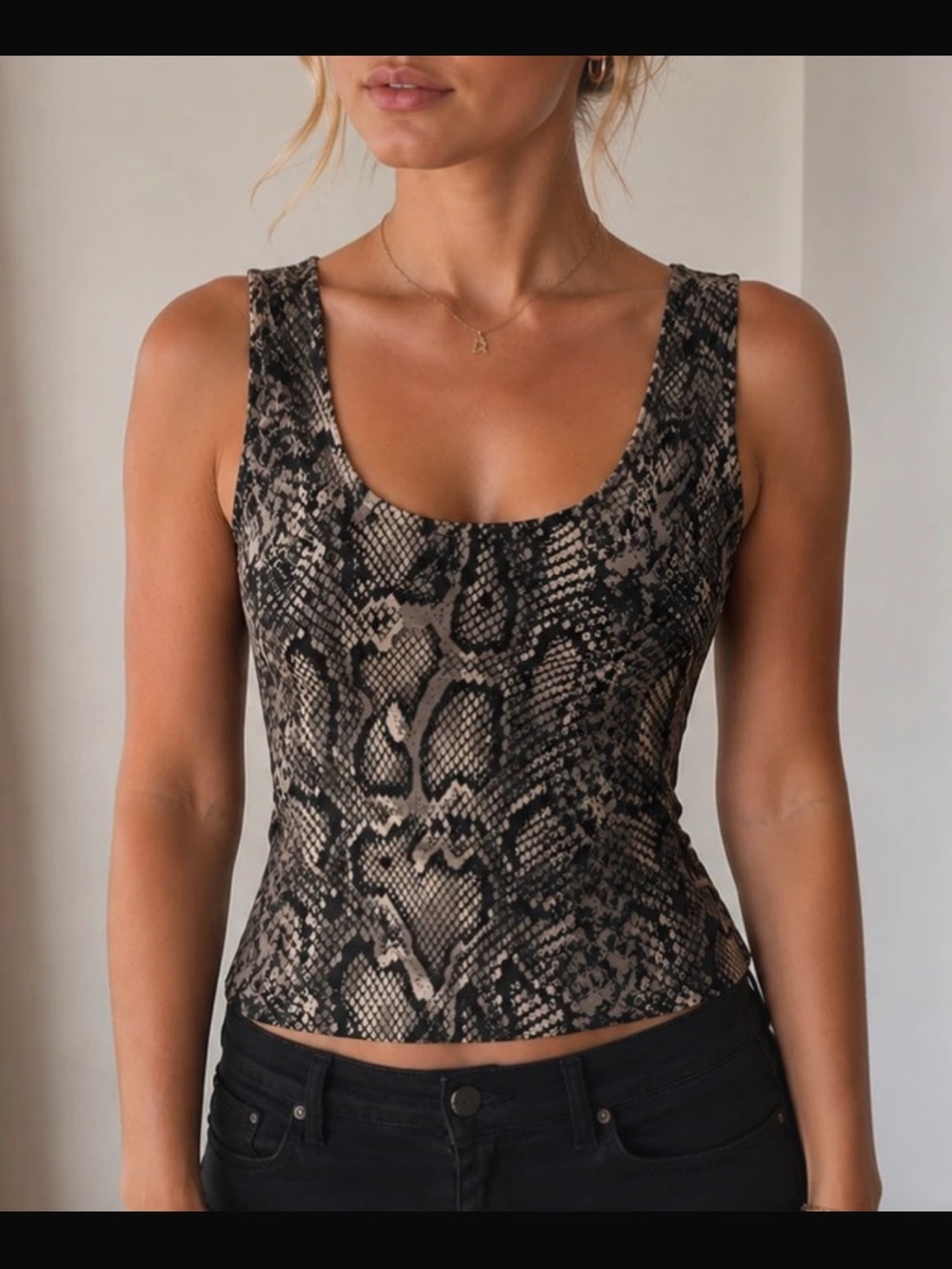 Zara Snake-Print Scoop Tank Top - Black, Tan